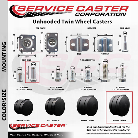 Service Caster 4'' Extra Large Heavy Duty Twin Wheel Caster 7/16 Grip Ring Stem, 5PK SCC-UHGR02S100-NYS-716176-5